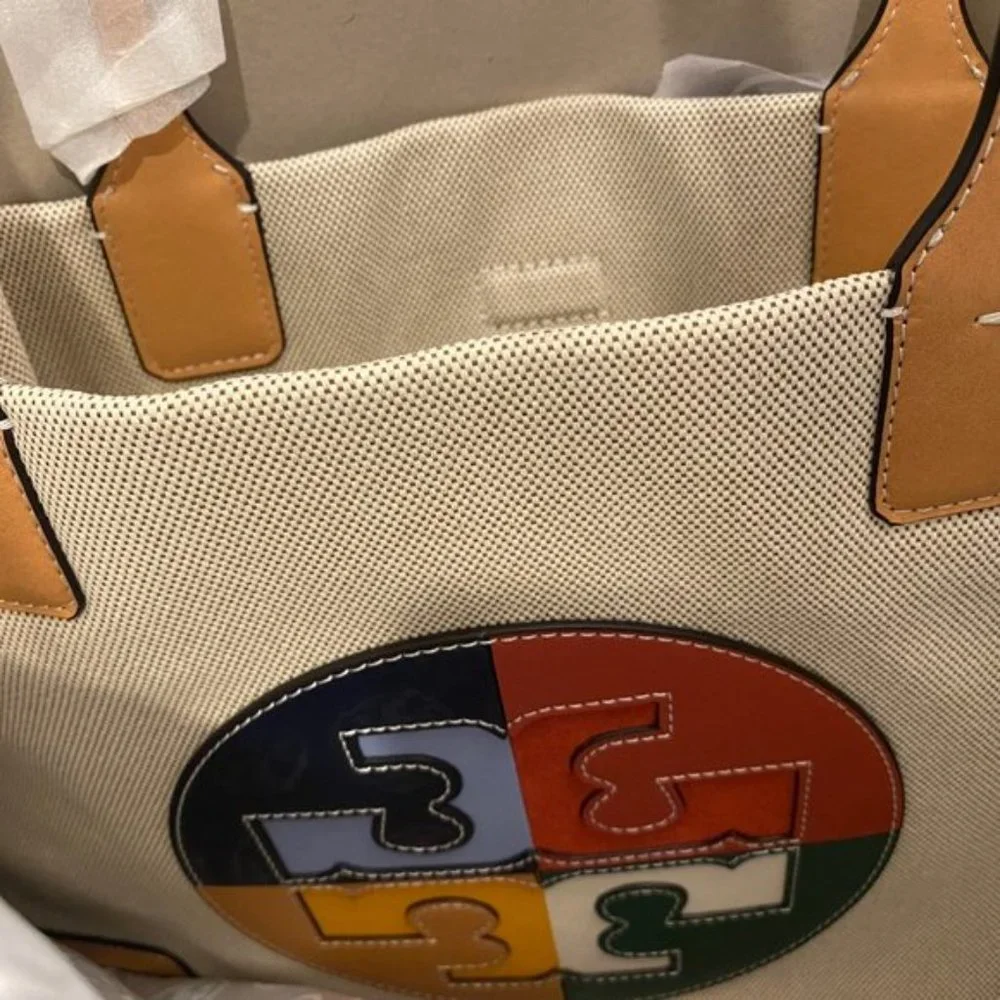 New ! Tory Burch Canvas Tan LARGE Ella Color Block Logo Tote Bag - Picture 4 of 6